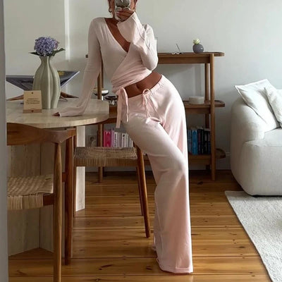 2 Piece Outfit V Neck Tie T-shirt + Elastic Waist Pants Autumn Long Sleeve Crop Tops