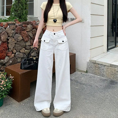 Loose Pocket Wide Leg Denim Floor Pants Y2K High Waisted Straight Trousers