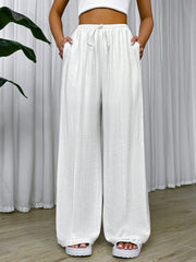Solid White 25 Spring Summer Drawstring Waist Wide Leg Pants