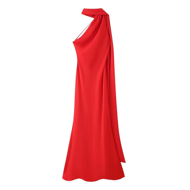 Women's sexy backless off-shoulder sleeveless red polyester knee-length dress