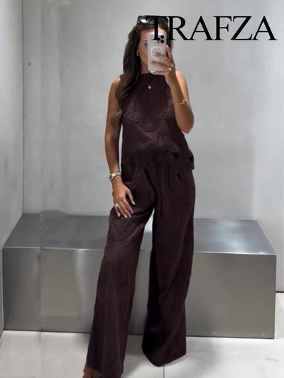 Neck Sleeveless Slim Top+Elastic Waist Drawstring Loose Long Pants