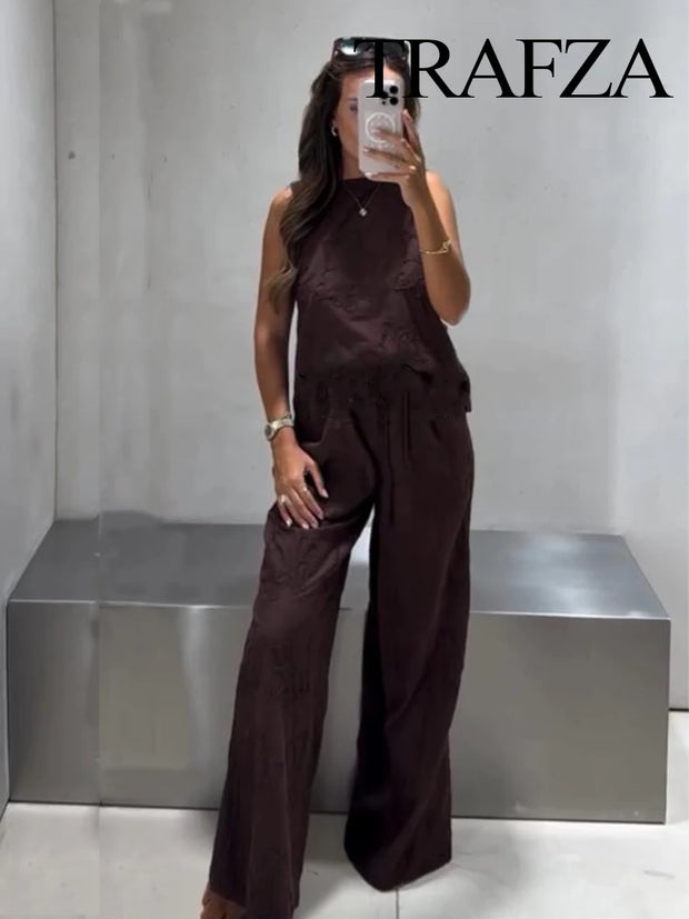 Neck Sleeveless Slim Top+Elastic Waist Drawstring Loose Long Pants