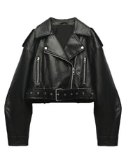 Fitaylor women's black faux PU leather cropped jacket with lapel collar, zipper closure, and belted waist