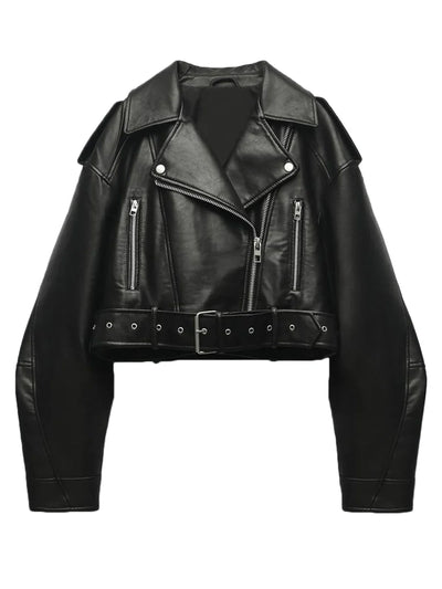 Fitaylor women's black faux PU leather cropped jacket with lapel collar, zipper closure, and belted waist
