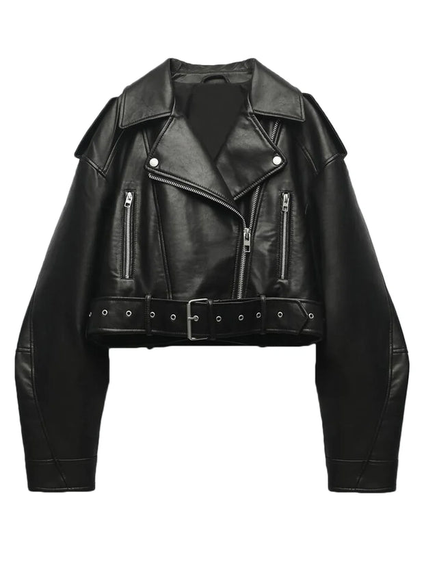 Fitaylor women's black faux PU leather cropped jacket with lapel collar, zipper closure, and belted waist