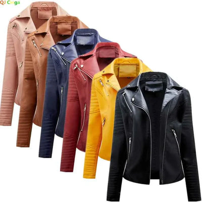 Collection of fashion women faux leather jackets in various colors with zipper closure and biker outerwear style