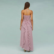Slim fit backless lace-up halter sleeveless ankle-length party dress with ruffle details