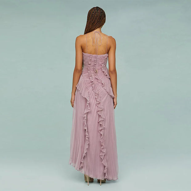 Slim fit backless lace-up halter sleeveless ankle-length party dress with ruffle details