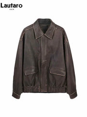 Soft faux leather women's jacket with zipper, pockets, and turn-down collar in vintage style