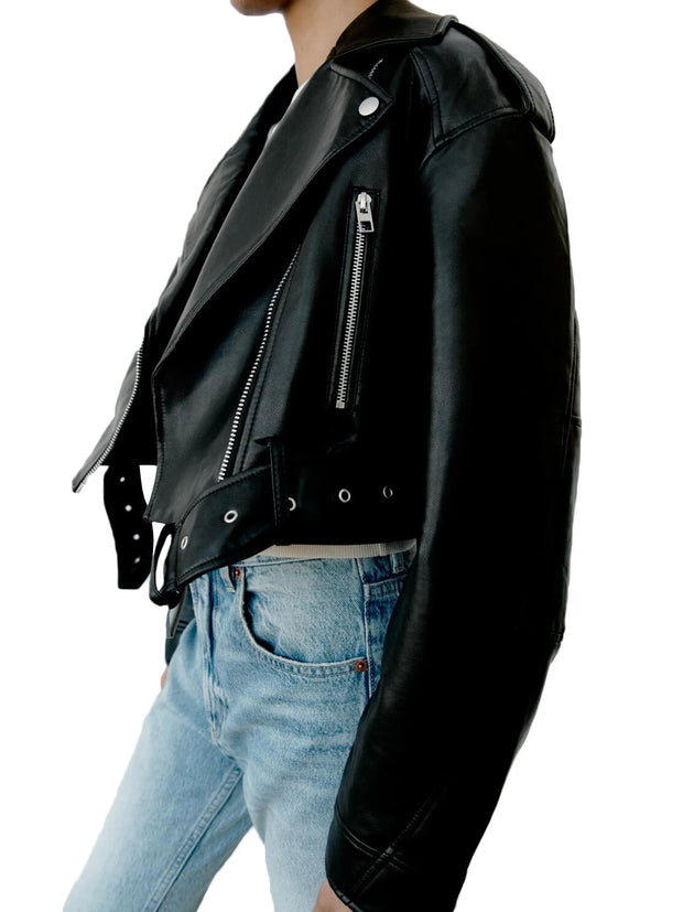 Casual Lady Lapel Zipper Short Leather Jacket High Street Motorcycle Coat