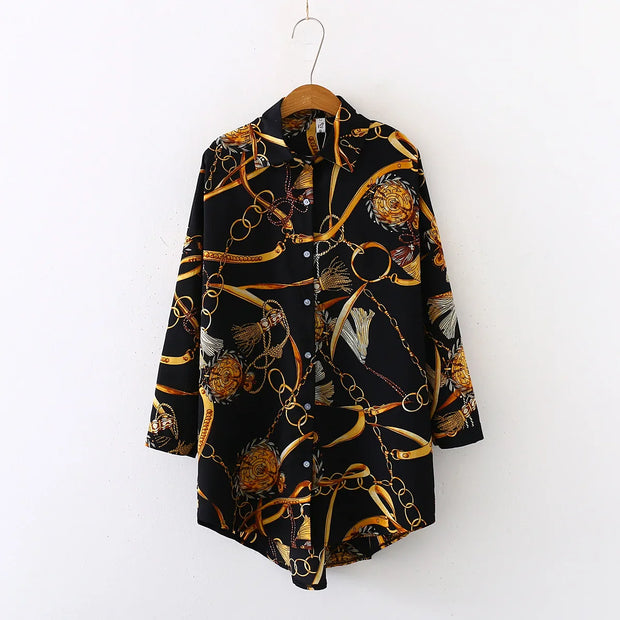 Vintage women's long chiffon shirt with geometric golden chain pattern, loose fit and single-breasted closure, casual spring/summer top