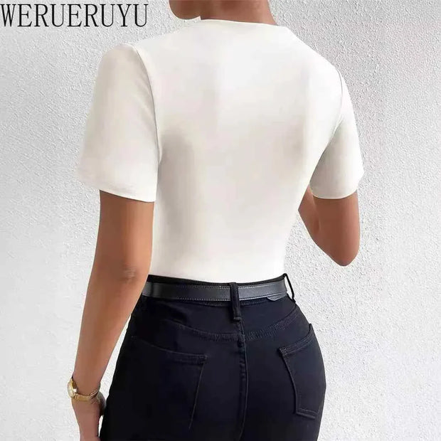 back view of woman wearing white slim-fit one-piece clothes streetwear casual summer bodysuit with short sleeves and black pants