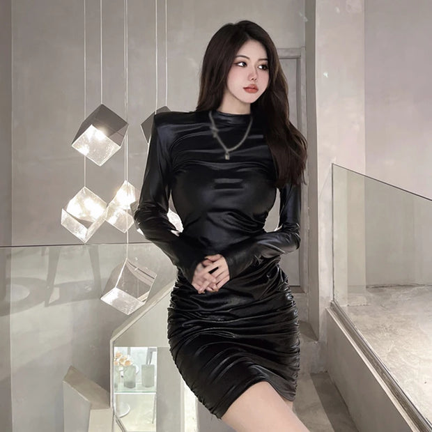 Solid Color Slim Fashion Sexy Versatile PU Leather Long Sleeves Dress
