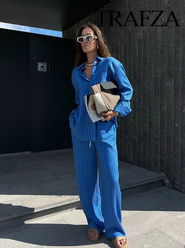 Long Sleeve Single-breasted Slim Shirt+High Waist Drawstring Loose Long Pants