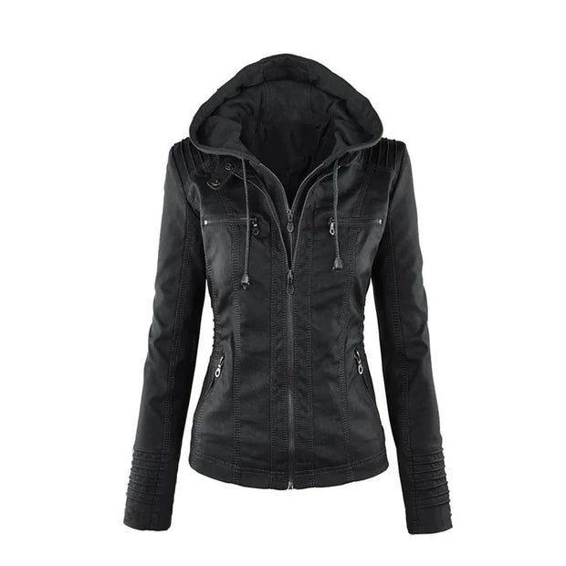 Coat Female Winter Motorcycle Jacket PU Leather Zipper Hoodies Outerwear