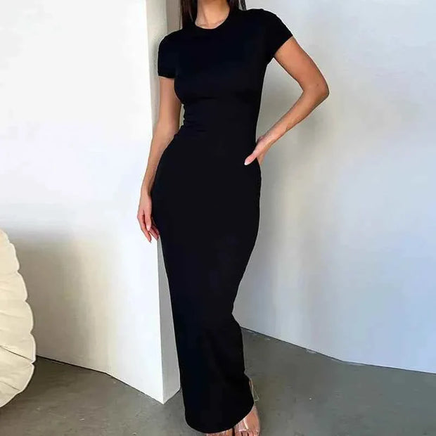 Sexy skinny women's bodycon long black dress with O-neck and short sleeves