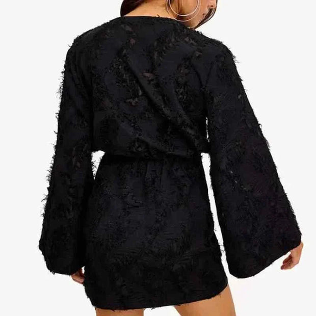 chic fashion female black long sleeve v neck bodycon mini dress with textured jacquard fabric and loose sleeves