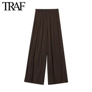 Solid Color Folded Chic Female Elastic High Waist Wide Leg Trousers