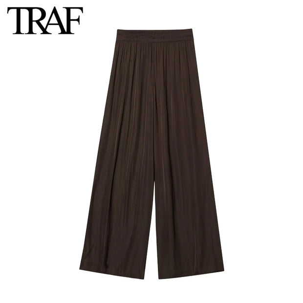 Solid Color Folded Chic Female Elastic High Waist Wide Leg Trousers