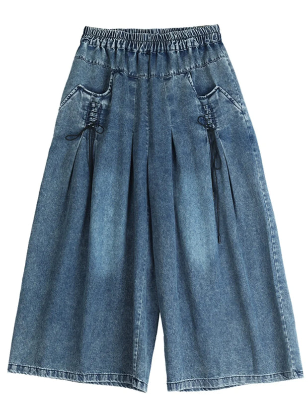 Wide Leg Denim Pants Elastic Waist Loose Casual Ankle Length Trouser