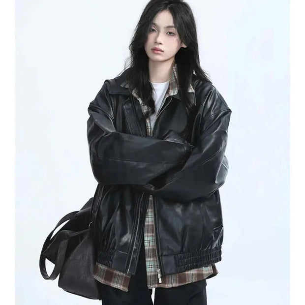 Leather Jacket Spring Autumn Women Long Sleeves Leather Coat