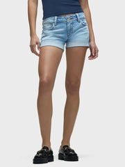 Blue Shorts Stretch Jeans Button Placket Flap Back Pockets