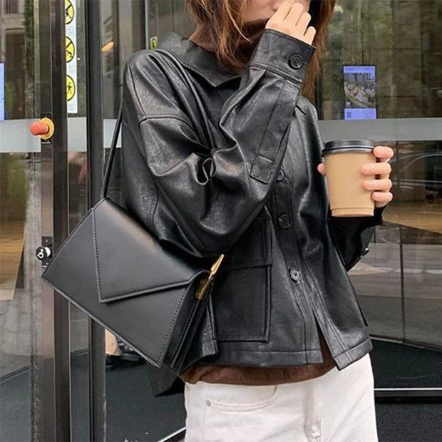 Vintage Single-Breasted Coat Pocket Moto Biker Style Cropped Leather Jackets