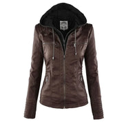 Women's brown faux leather jacket with zipper and hood, slim fit motorcycle style winter coat