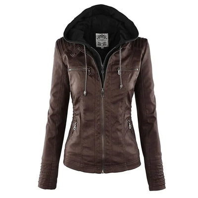Women's brown faux leather jacket with zipper and hood, slim fit motorcycle style winter coat