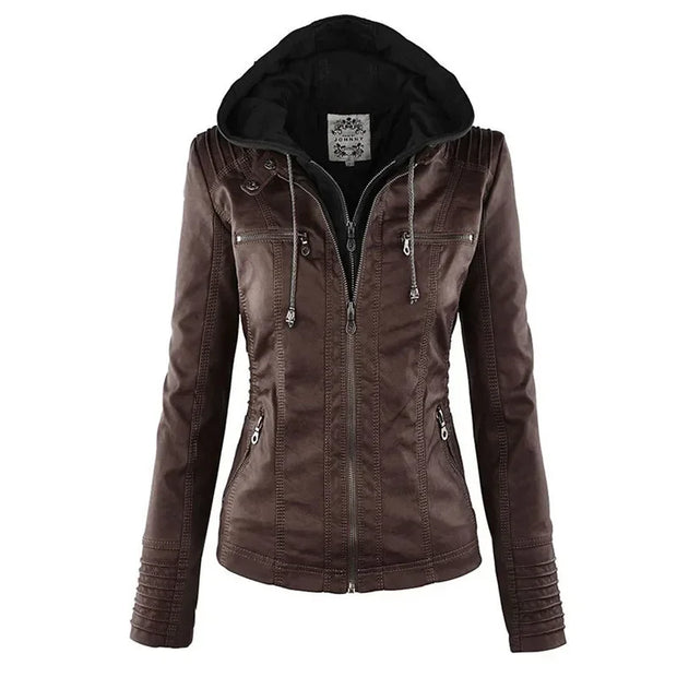Women's brown faux leather jacket with zipper and hood, slim fit motorcycle style winter coat