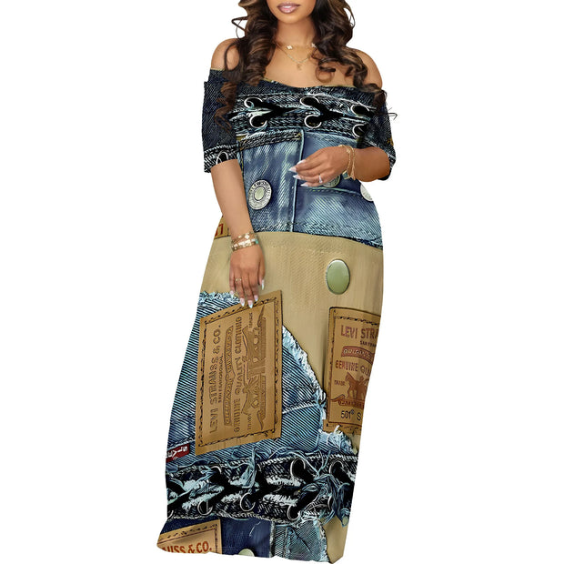 Printed Short Sleeve Long Dress Sexy Off Shoulder Cocktail Party Dress ﻿