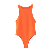 Orange slim fit women bodysuit with high stretch broadcloth fabric for summer casual wear