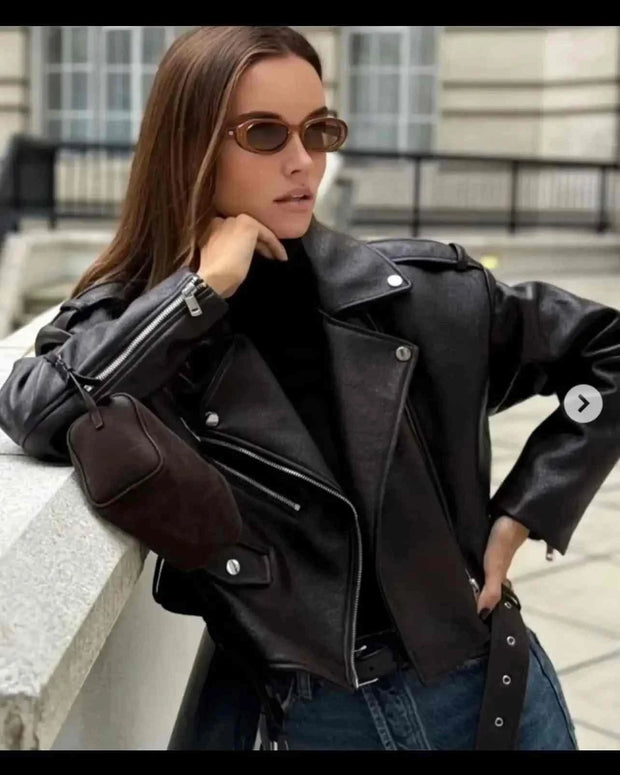 Soft Leather Jacket Vintage Female Belt Zipper Coat Biker Outwear Tops