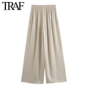 Solid Color Folded Chic Female Elastic High Waist Wide Leg Trousers