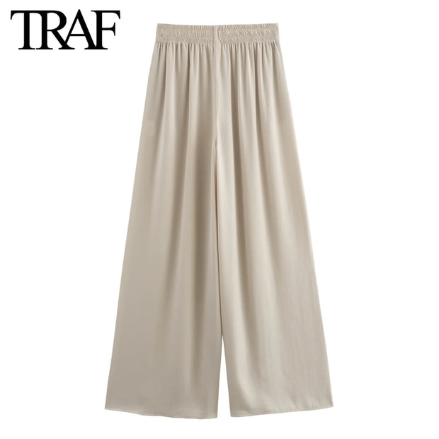 Solid Color Folded Chic Female Elastic High Waist Wide Leg Trousers
