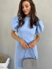 Summer Casual Ruffle Sleeve Slit Office Dress Fashion Chic Blue New In Dresses