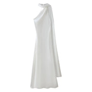 White women's sexy backless off-shoulder sleeveless knee-length dress with high stretch polyester fabric