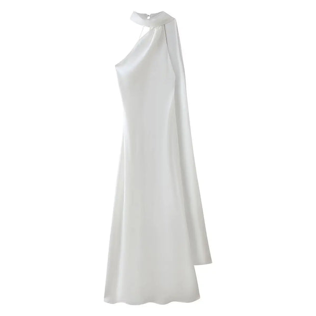 White women's sexy backless off-shoulder sleeveless knee-length dress with high stretch polyester fabric