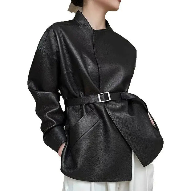 Black women's faux leather coat with adjustable belt, O-neck collar, and casual style for autumn and winter.