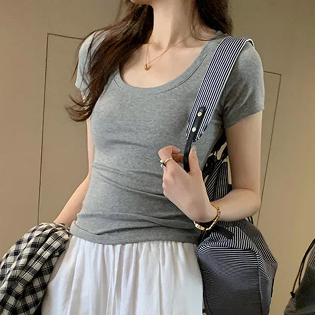 slim fit grey women short sleeve t-shirt with o-neck, casual summer cotton spandex tee