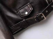 Soft Leather Jacket Vintage Female Belt Zipper Coat Biker Outwear Tops