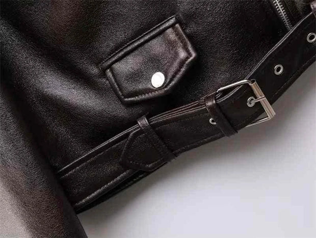Soft Leather Jacket Vintage Female Belt Zipper Coat Biker Outwear Tops