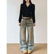 Vintage Streetwear Washed Denim Pants Basic Slouchy Blue Trousers Femme