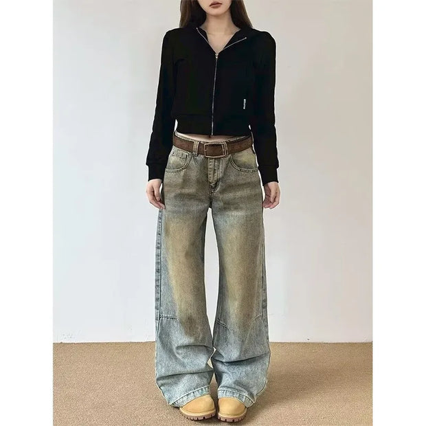 Vintage Streetwear Washed Denim Pants Basic Slouchy Blue Trousers Femme