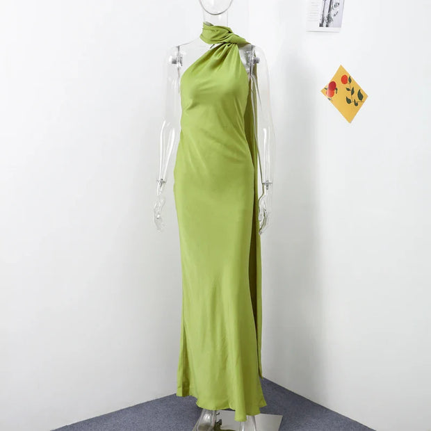 green halter backless off shoulder sleeveless ankle-length slim fit polyester dress