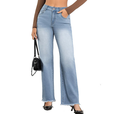 Blue Washed Raw-Edge Trouser Legs High Waist Design Daily Wear Fashionable