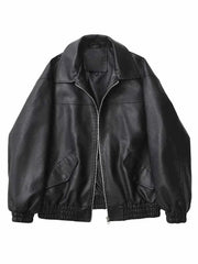 Women’s black faux leather streetwear jacket with zipper and mandarin collar for autumn and spring