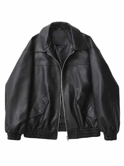 Women’s black faux leather streetwear jacket with zipper and mandarin collar for autumn and spring