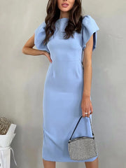 Summer Casual Ruffle Sleeve Slit Office Dress Fashion Chic Blue New In Dresses