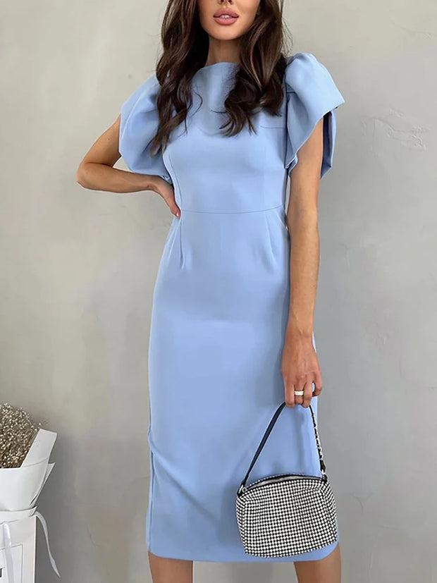 Summer Casual Ruffle Sleeve Slit Office Dress Fashion Chic Blue New In Dresses